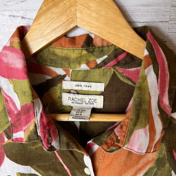 Rachel Zoe Top Womens Size Medium Colorful Floral Foliage 100% Linen Button Down - Picture 14 of 16